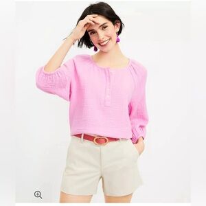 LOFT Pink Cotton Gauze Henley Popover Blouse Crinkle Texture XS